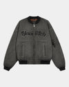Gray bomber jacket with 'Hoodrich' logo on a white background