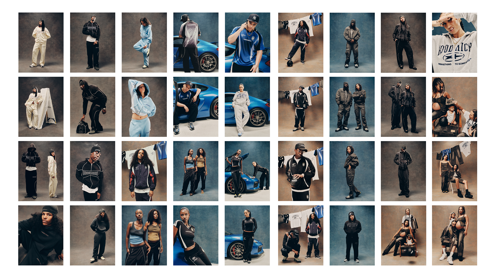 A collage grid of many small fashion photos showing models wearing streetwear outfits, including hoodies, jackets, jeans, and capris, with several blue sports cars and a white 'HOODRICH' banner visible in some panels.