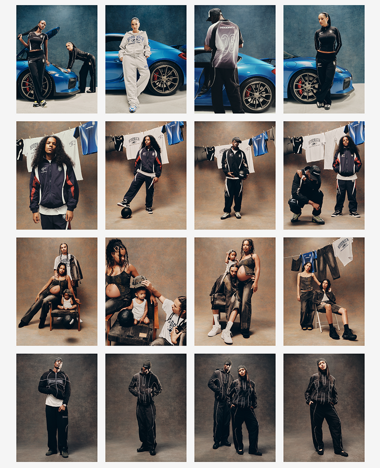 A 4x4 grid collage of 16 different streetwear photos featuring models in various outfits, hoodies, jackets, and jeans, with some photos showing a blue sports car.